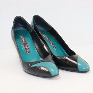 Vintage Martinez Valero Black Teal Leather Pumps Pointed Toe Women’s 36 (US6)